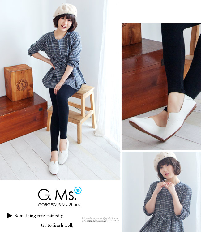 G.Ms.全真皮車線鏤空豆豆底懶人鞋-雲朵白