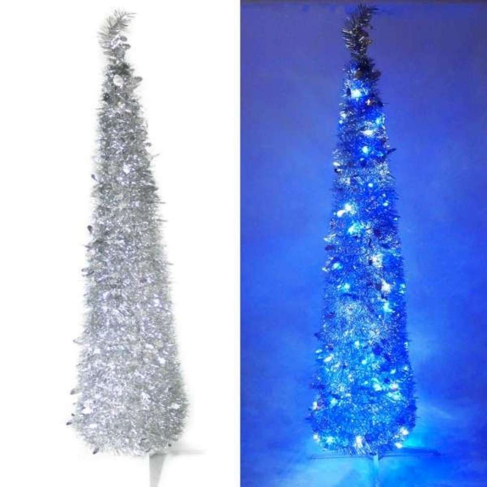 摩達客 6尺(180cm)彈簧摺疊銀色哈利葉瘦型鉛筆樹聖誕樹(+LED100燈藍白光一串)