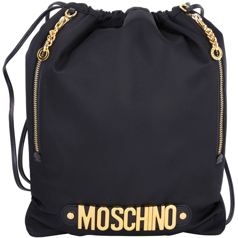 MOSCHINO 雙拉鍊金色LOGO尼龍束口後背包(黑色)