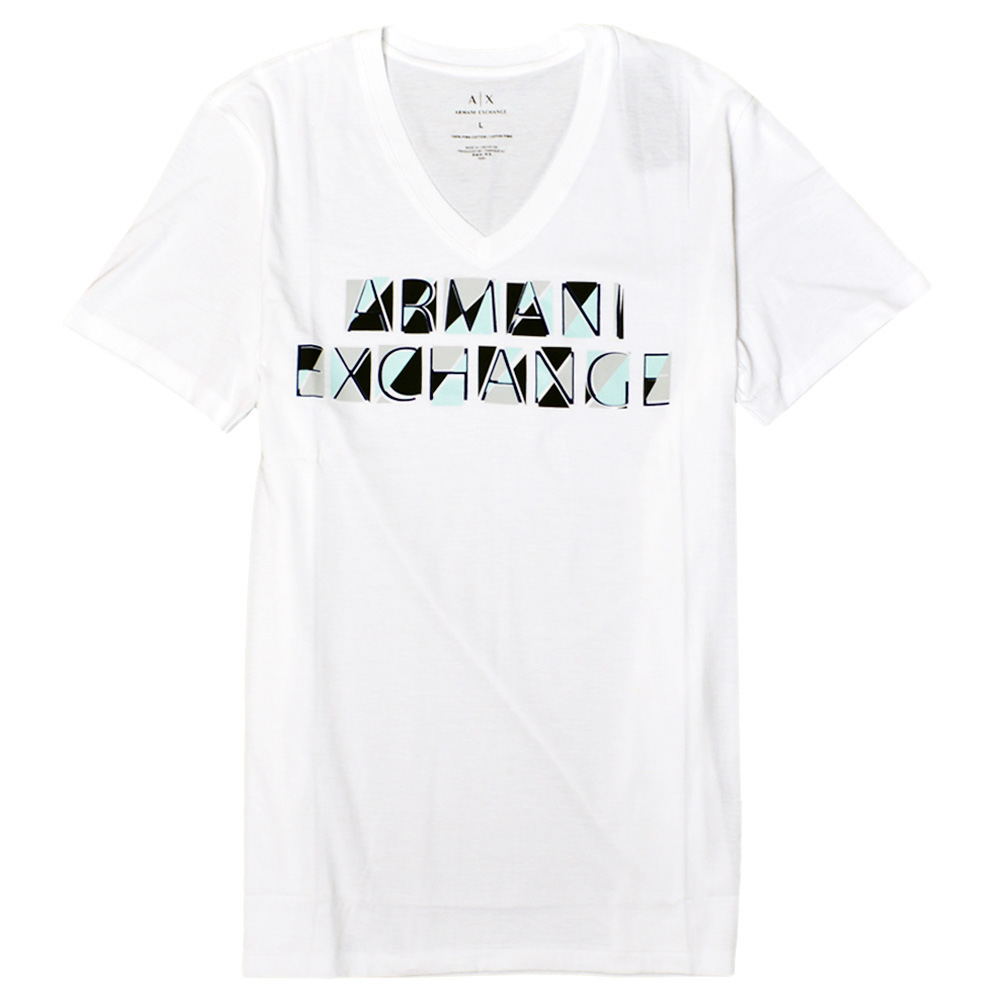 A|X Armani Exchange 撞色印刷V領短袖T恤-白