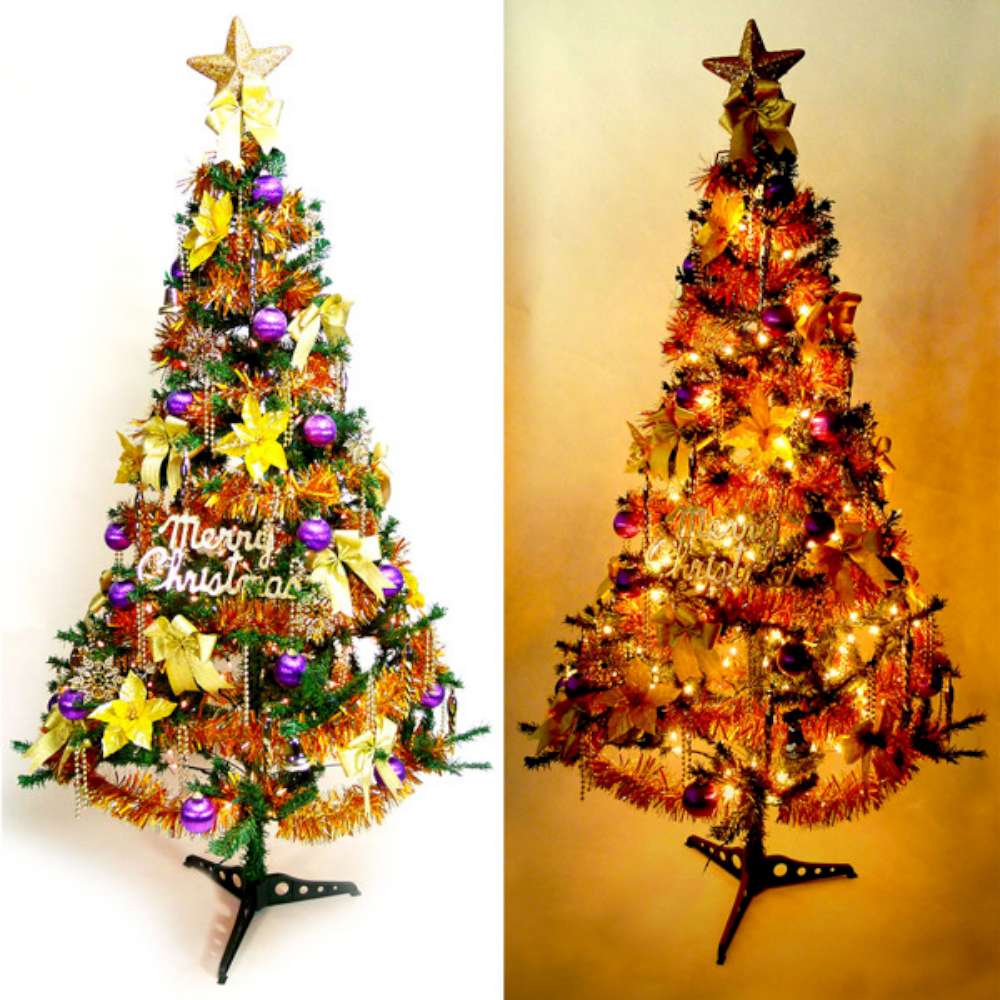 超級幸福10尺(300cm)一般型裝飾綠聖誕樹(+金紫色系配件組+100燈鎢絲樹燈7串)