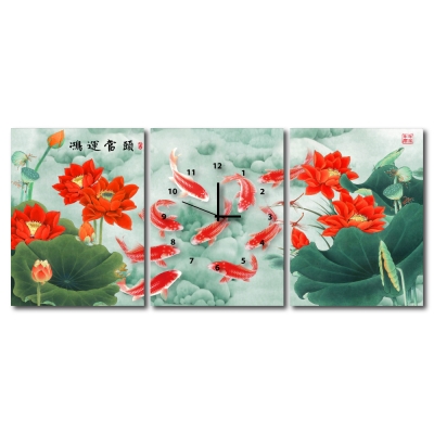 美學365 - 三聯式無框藝術掛畫時鐘-鴻運當頭30x40cm