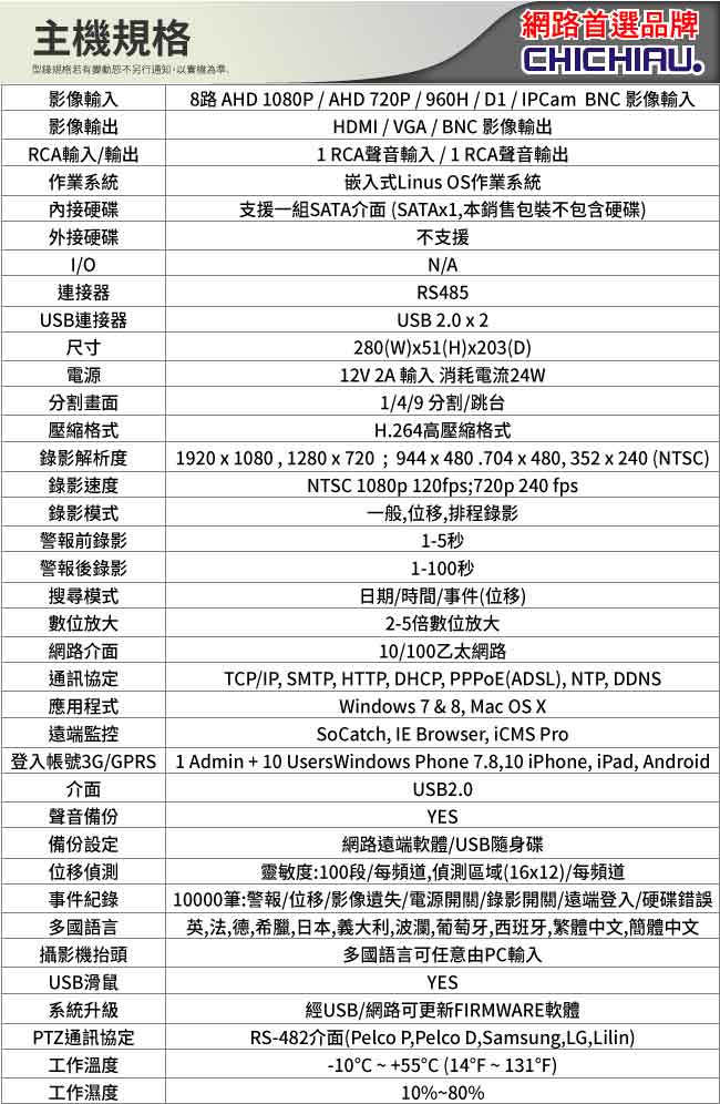 奇巧 AHD 1080P 8路iCATCH監控系統-含200萬6燈監視器攝影機