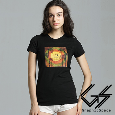 夕陽棕櫚樹剪影圖案磨毛水洗長版T恤 (共三色)-GraphicSpace