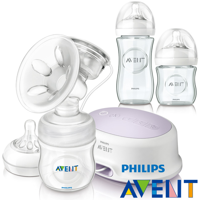 [下殺55折]PHILIPS AVENT 輕乳感PP單邊電動吸乳器+親乳感玻璃防脹氣奶瓶1大1小