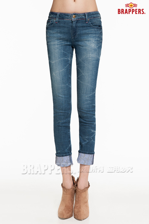 BRAPPERS 女款 新美腳Royal系列-女用彈性鑲鑽八分反摺褲-淺藍