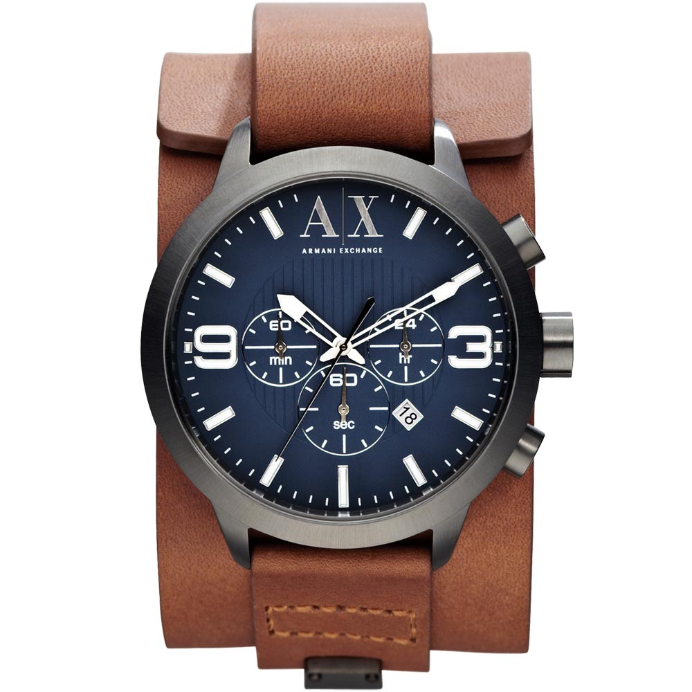 A│X Armani Exchange 龐克牛仔計時腕錶-藍x咖啡色錶帶/48mm