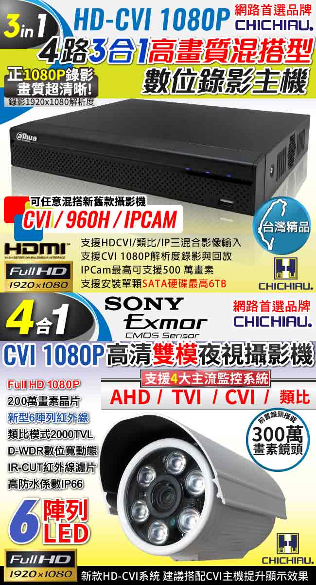 奇巧 CVI 1080P 4路數位高清監控組 含SONY 200萬監視器攝影機