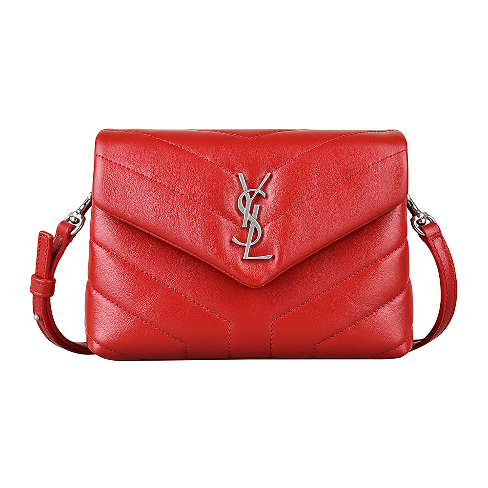 YSL SAINT LAURENT經典銀字LOGO Y字紋小牛皮釦式斜背包(胭脂紅)