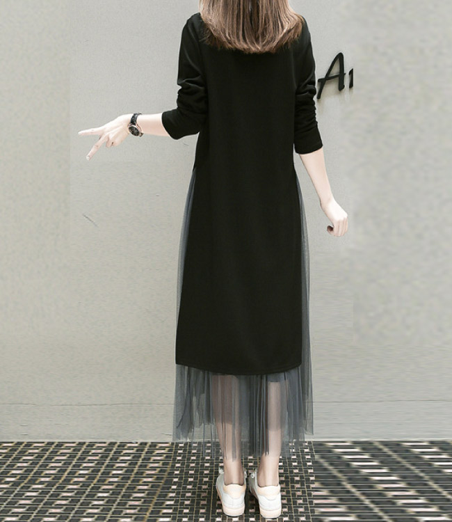 中大尺碼圓領黑色上衣加灰色網紗長裙套裝附腰帶XL~4L-Ballet Dolly
