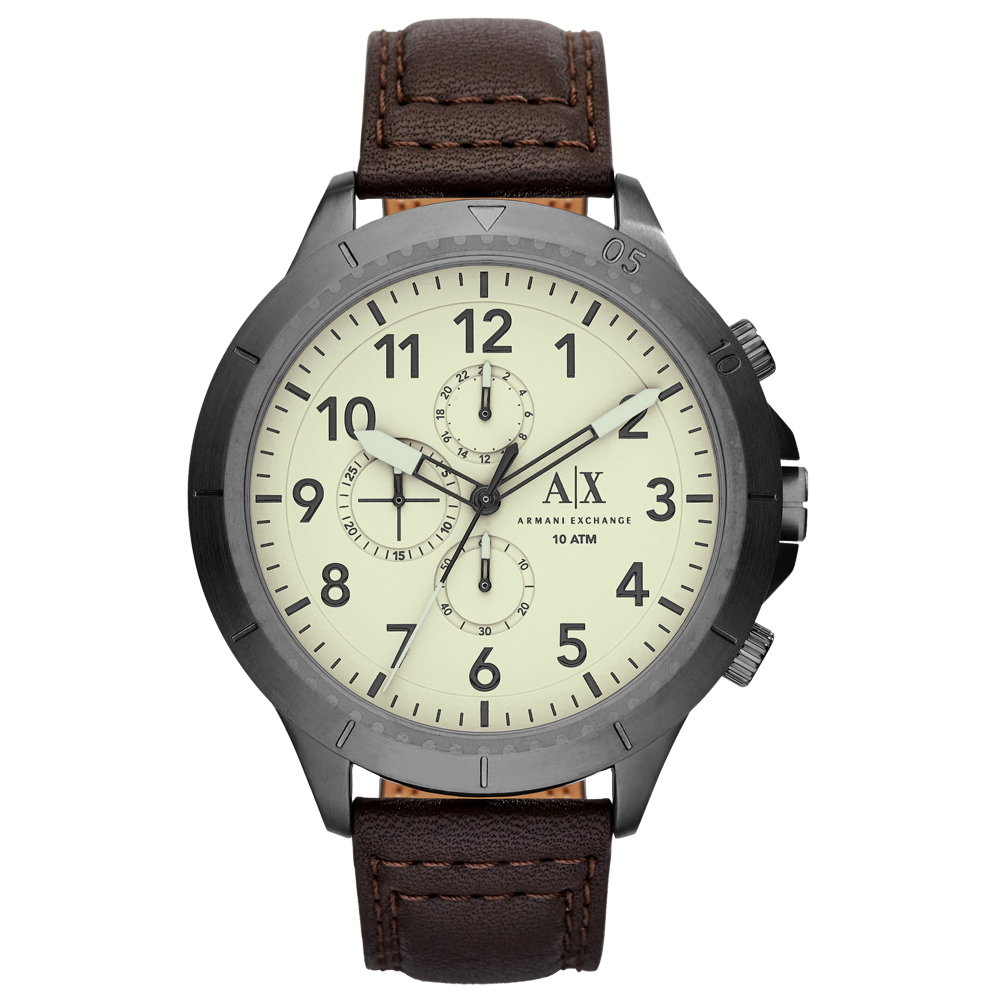 A│X Armani Exchange 時刻終戰三眼計時腕錶-白X深咖啡皮帶/50mm