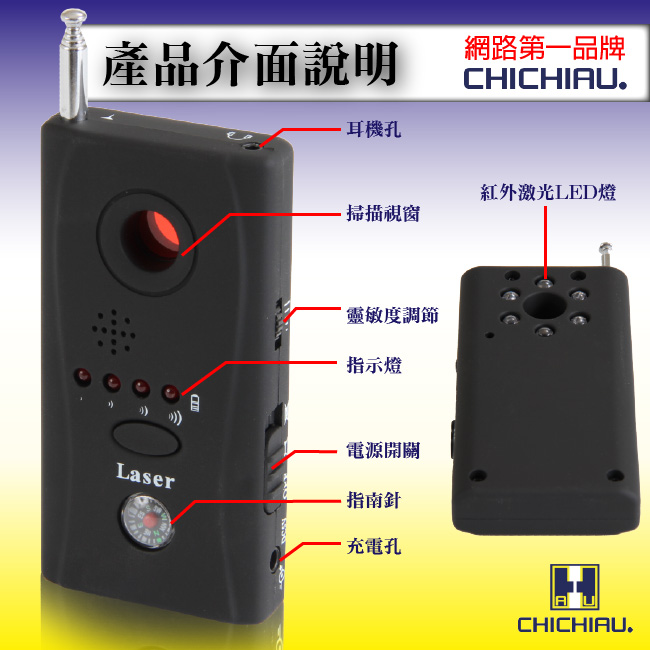 奇巧CHICHIAU 2合1 紅外激光反偷拍偵測器/有線無線兩用針孔鏡頭發現器/反偵蒐