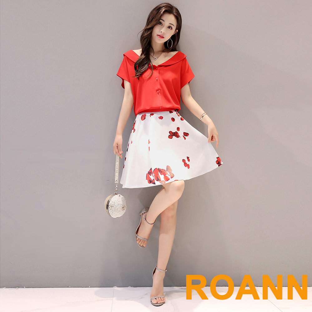 露背短袖上衣+印花半身裙兩件套 (紅色)-ROANN