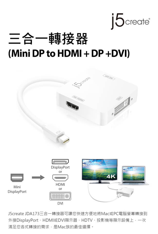 j5create 凱捷 Mini DP HDMI DP DVI 三合一轉接器-JDA173