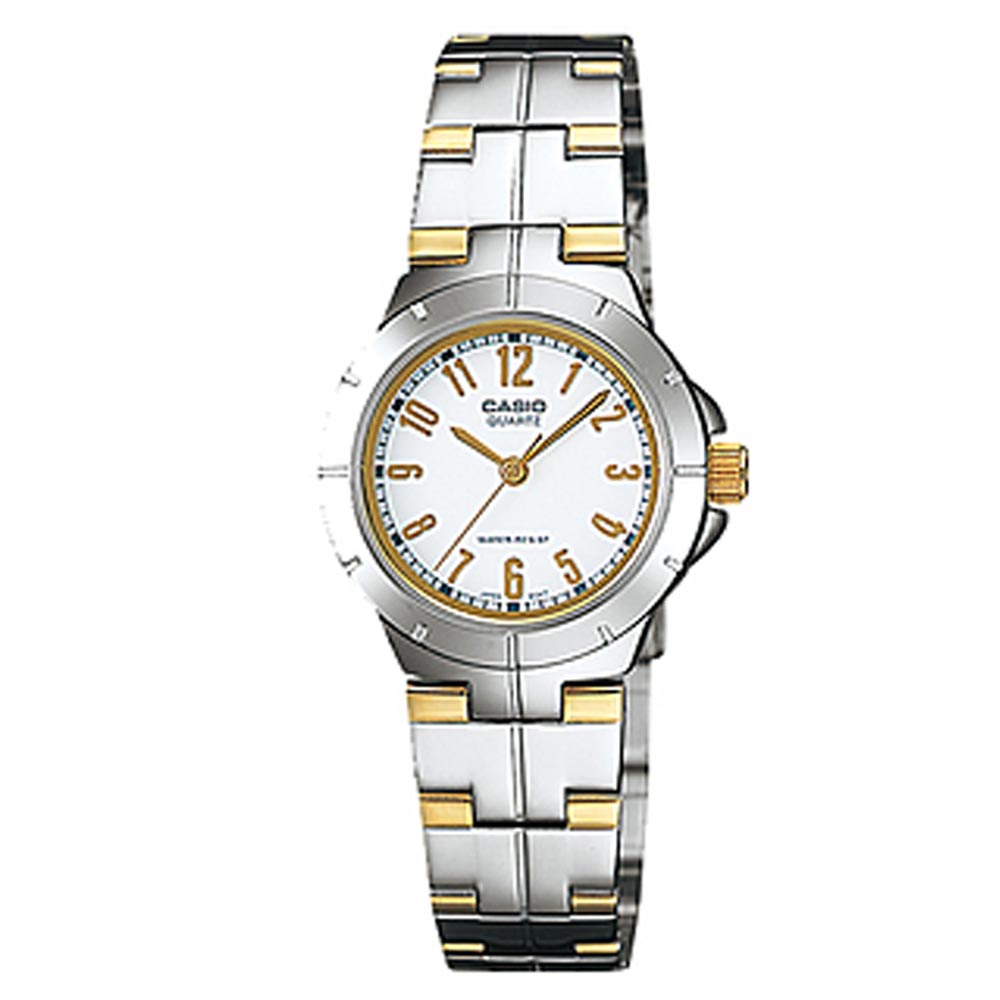 CASIO 經典時尚巧小金邊雙色不繡鋼帶錶(LTP-1242SG-7A)-白色數字面/28mm