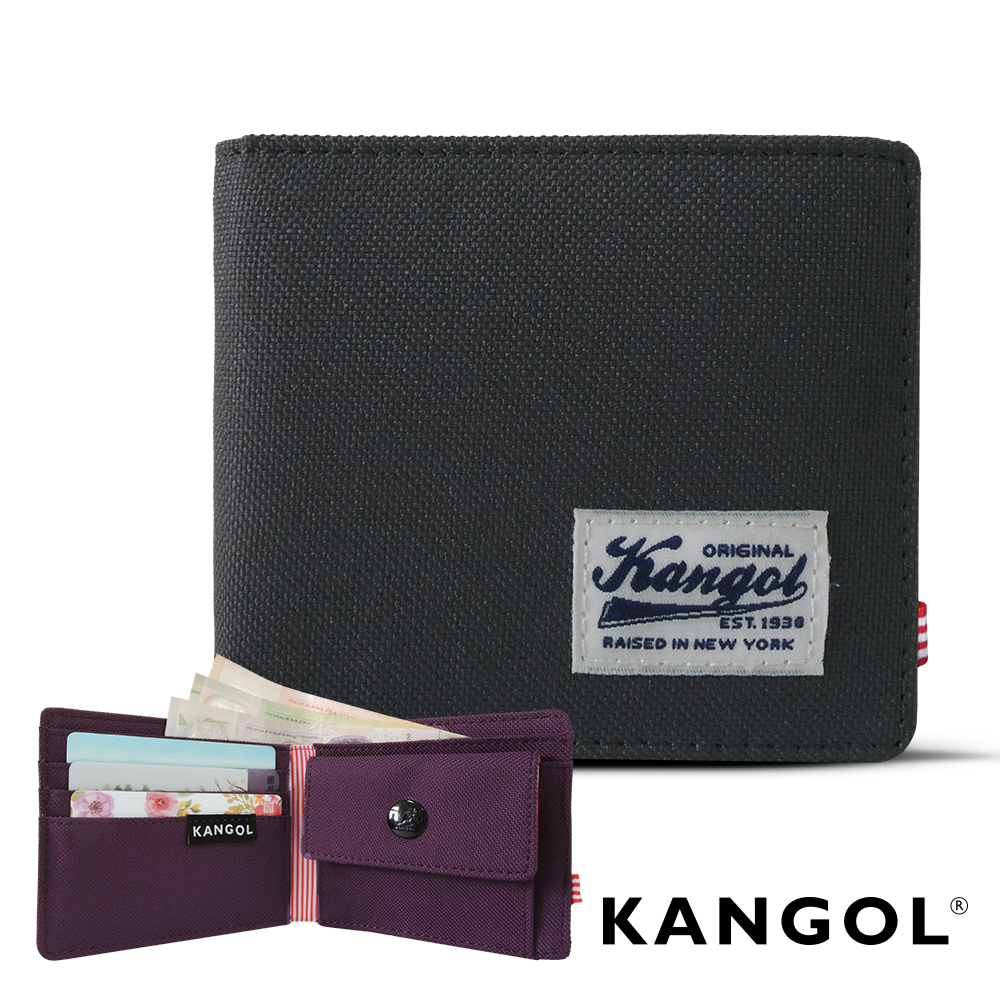 福利品 KANGOL 韓式潮流 多夾層/零錢袋橫式短皮夾+鑰匙圈禮盒-帆布撞色紫