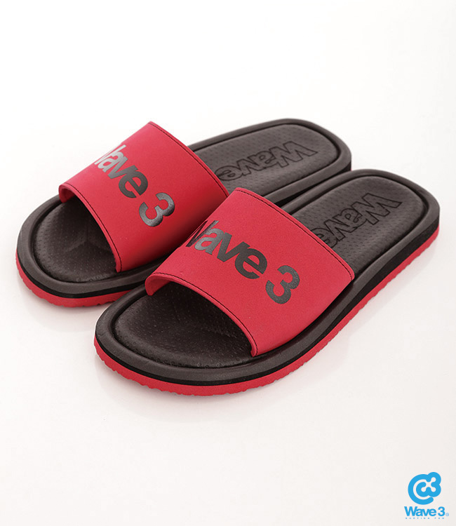 WAVE3【男】 台灣製 天鵝絨LOGO印刷一片拖鞋~黑紅