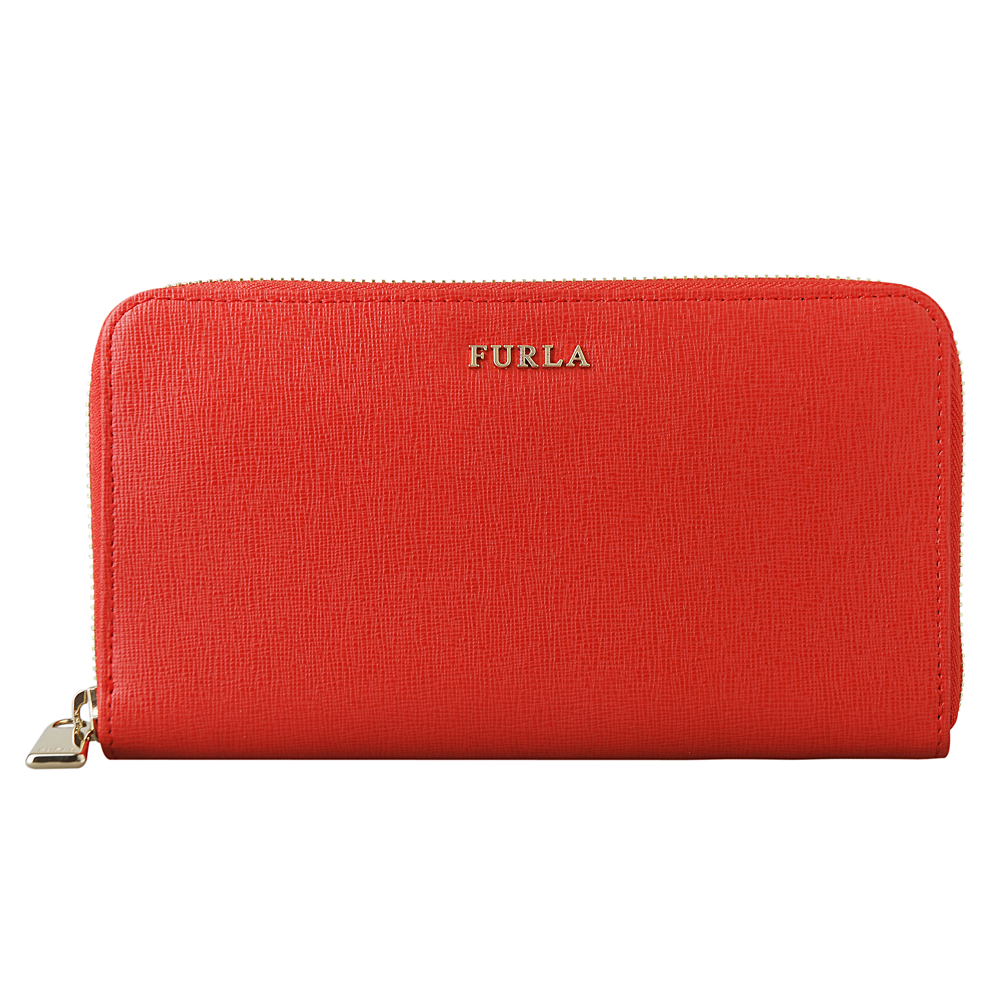 FURLA 金字LOGO防刮皮革拉鍊長夾(橘紅)