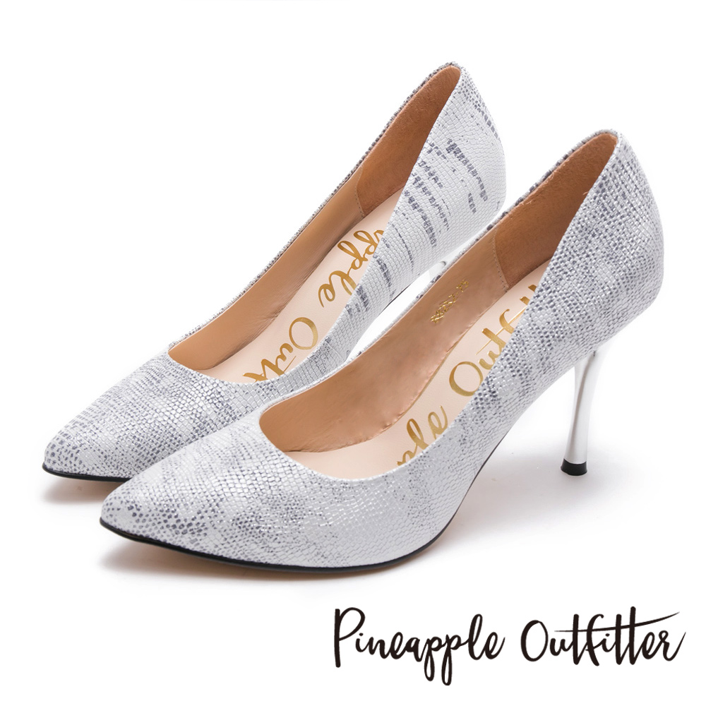 Pineapple Outfitter 時髦女伶 性感尖頭蛇紋金屬高跟鞋-銀色