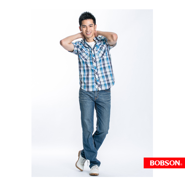 BOBSON 男款格紋短袖襯衫(淺藍23003-53)