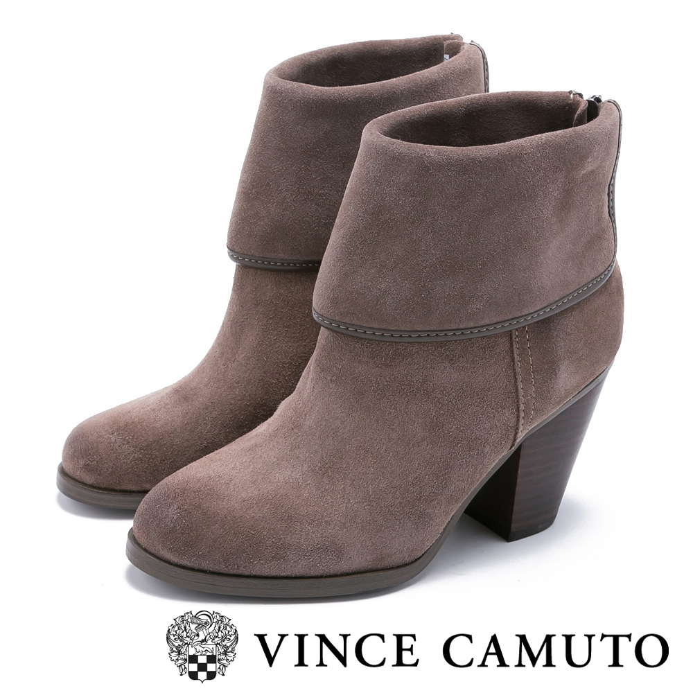 VINCE CAMUTO 簡約知性 翻折造型後拉鍊粗跟短靴-絨灰