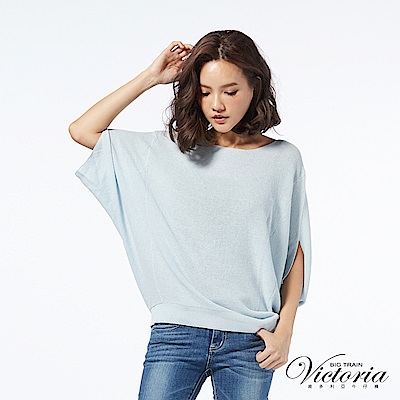 Victoria 寬鬆變化型短袖線衫-女-藍色花紗