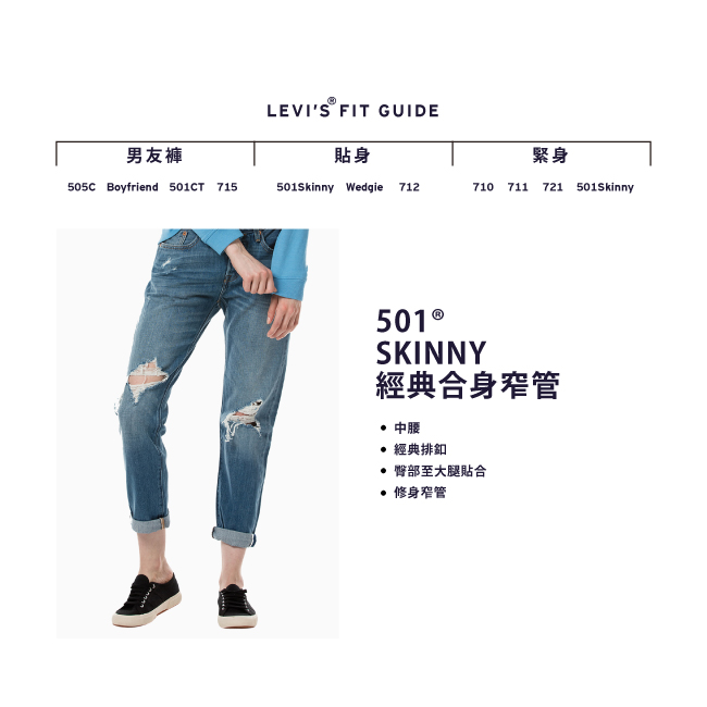 Levis 女款 上寬下窄 501 Taper 中腰排扣牛仔長褲 赤耳