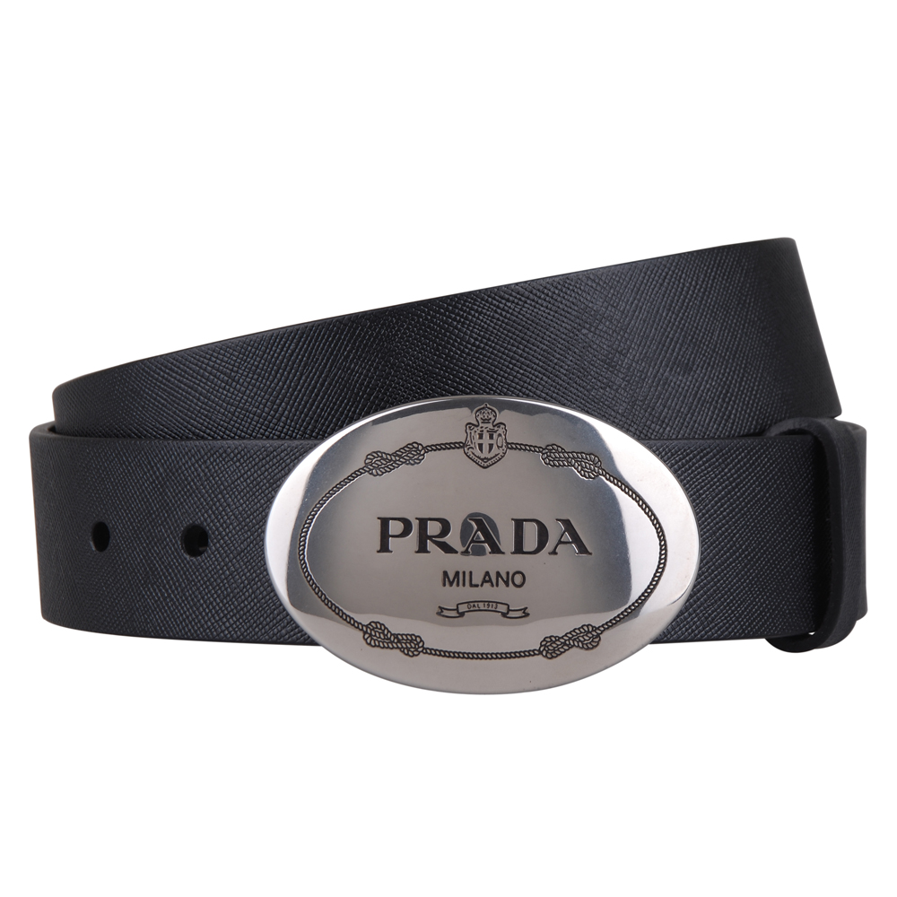 PRADA 牛皮十字素面紋路皮帶(黑/90/95/100/105CM)