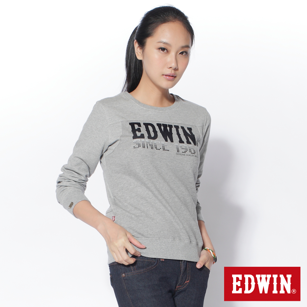 EDWIN 玩味拼字 漸層方格圓領長袖T恤-女款(麻灰)