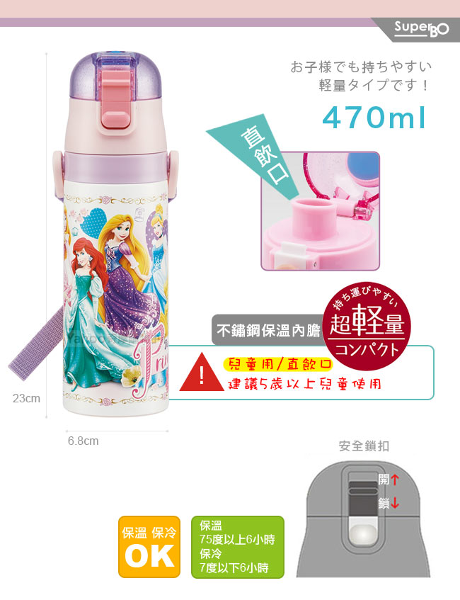 Skater不鏽鋼直飲保溫水壺(470ml)迪士尼公主Lady