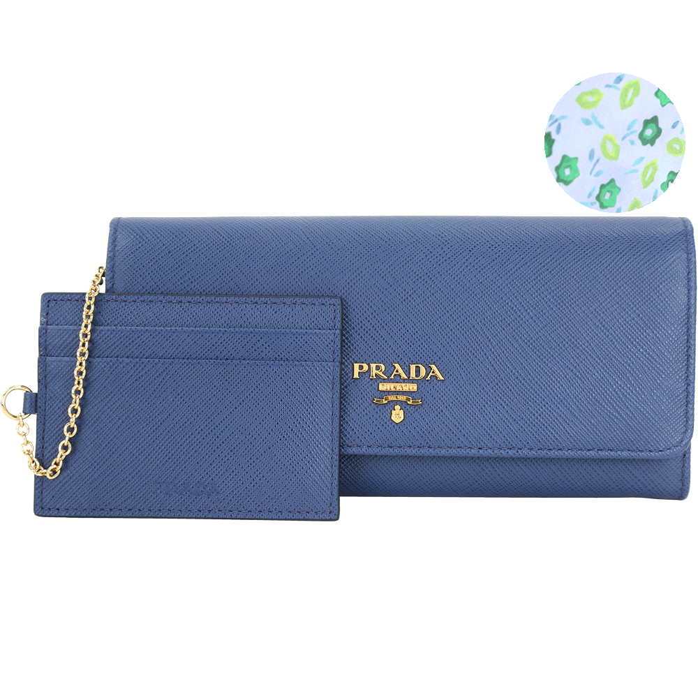 PRADA Saffiano Floral 防刮牛皮內印花長夾(藍色/附證夾)