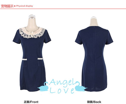蕾絲領口袋修身顯瘦洋裝 (深藍色)-Angel Love