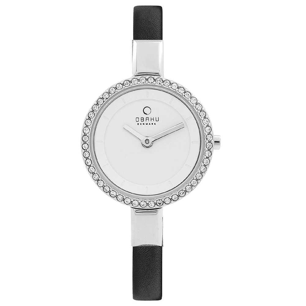 OBAKU 小巧媛式晶鑽時尚腕錶-銀框黑帶色/27mm