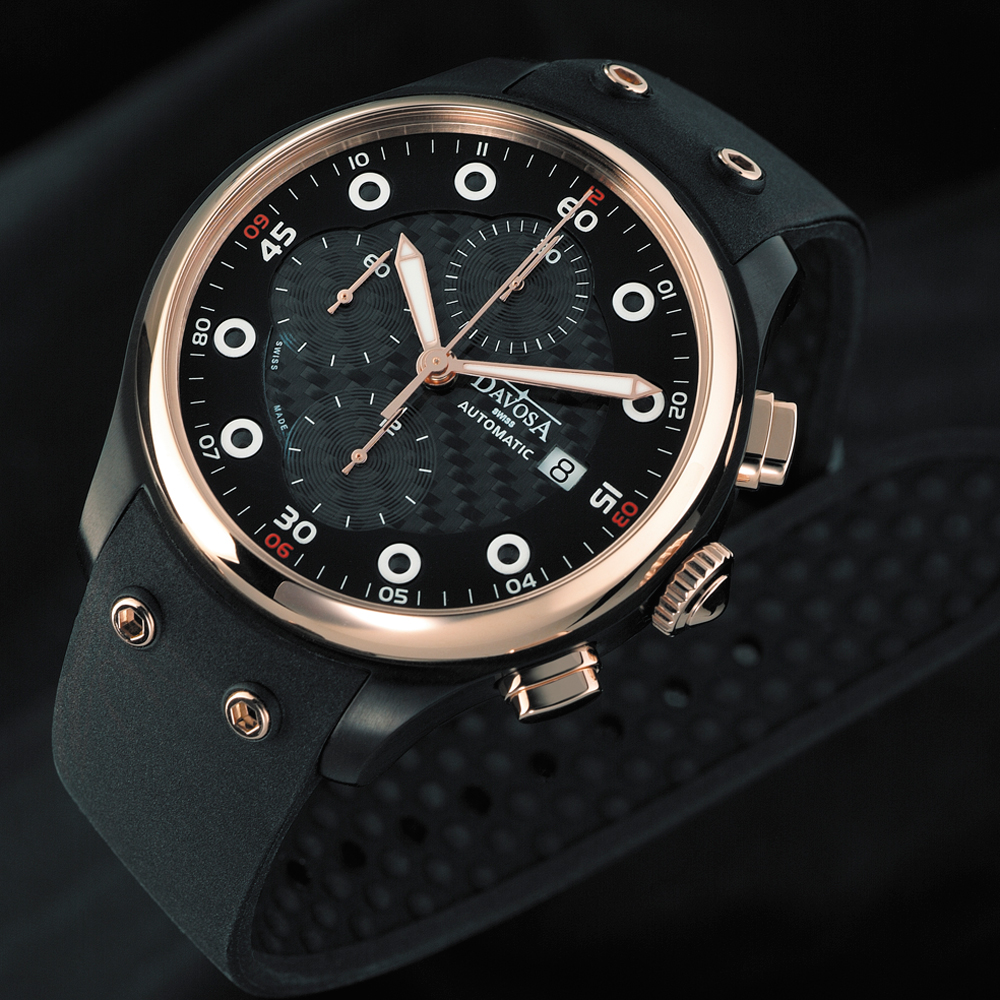 DAVOSA XM8 碳纖維計時機械腕錶-IP黑/玫瑰金框/42mm