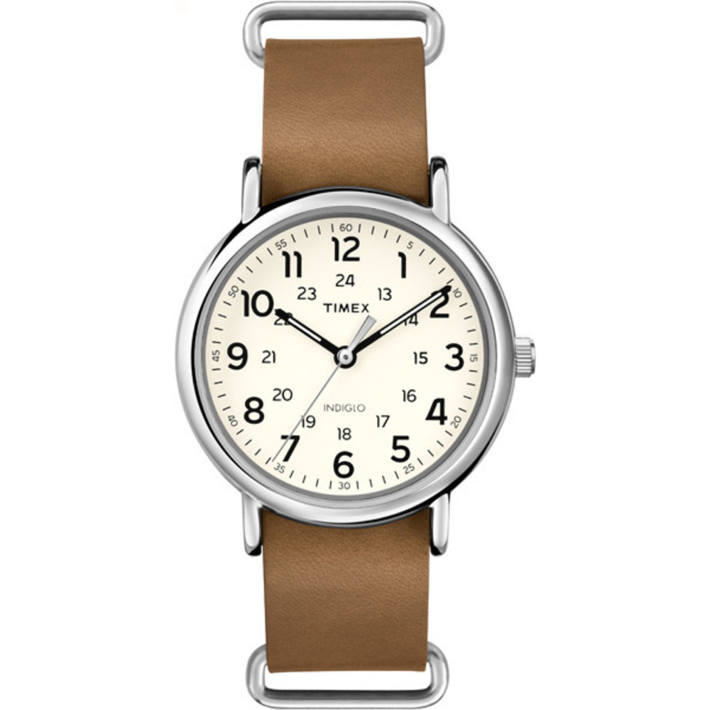 TIMEX 天美時 經典復刻冷光Weekender真皮腕錶-米色面x褐色帶/40mm