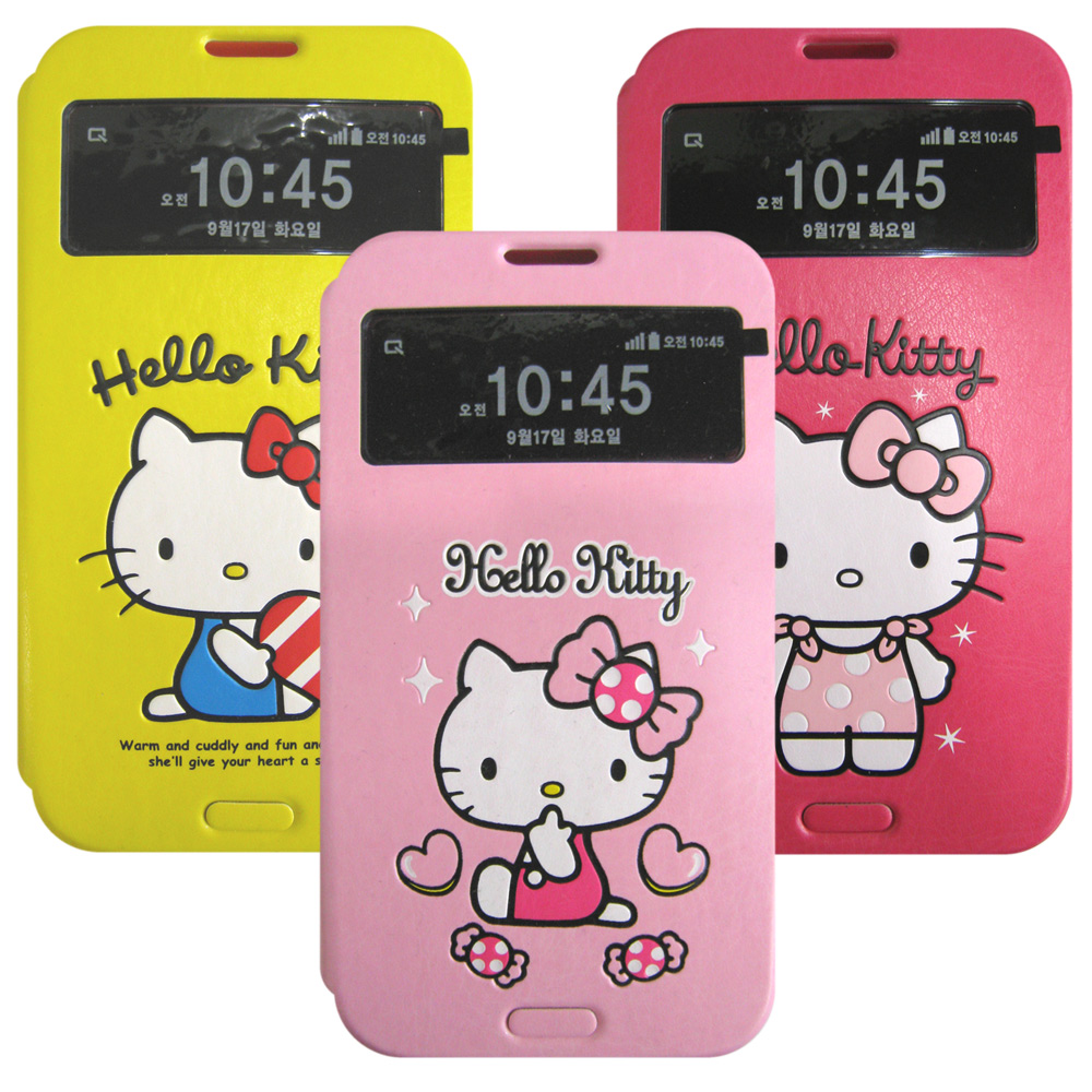 SANRIO HELLO KITTY可插卡亮彩側掀透視手機皮套