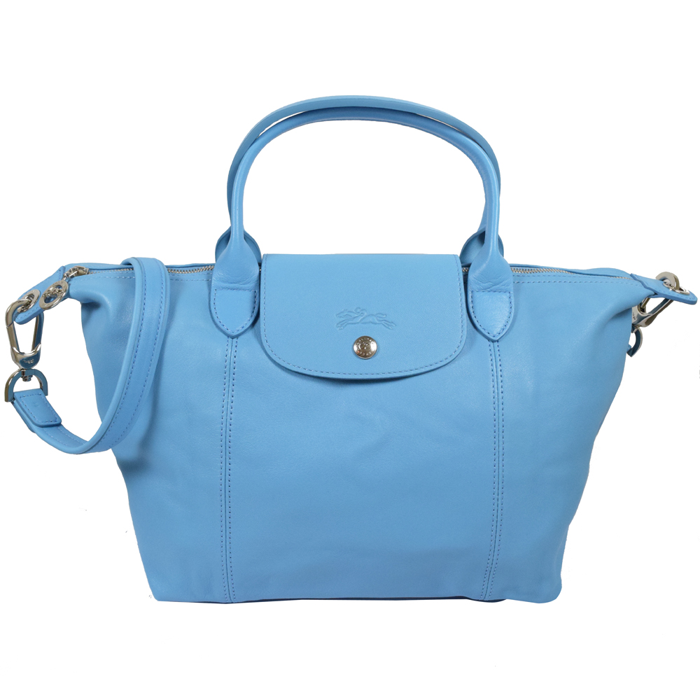 LONGCHAMP Le Pliage Cuir 折疊小羊皮短把兩用包(水藍/S)