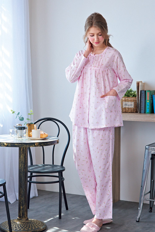 睡衣 精梳棉小碎花平織薄長袖兩件式睡衣(R77201-2夢幻粉) 蕾妮塔塔