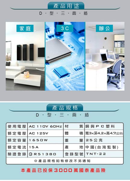 TNT-22 D型三面插 壁插(3入)