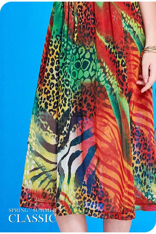 YIDIE衣蝶-熱帶叢林豹紋綁帶無袖長洋裝