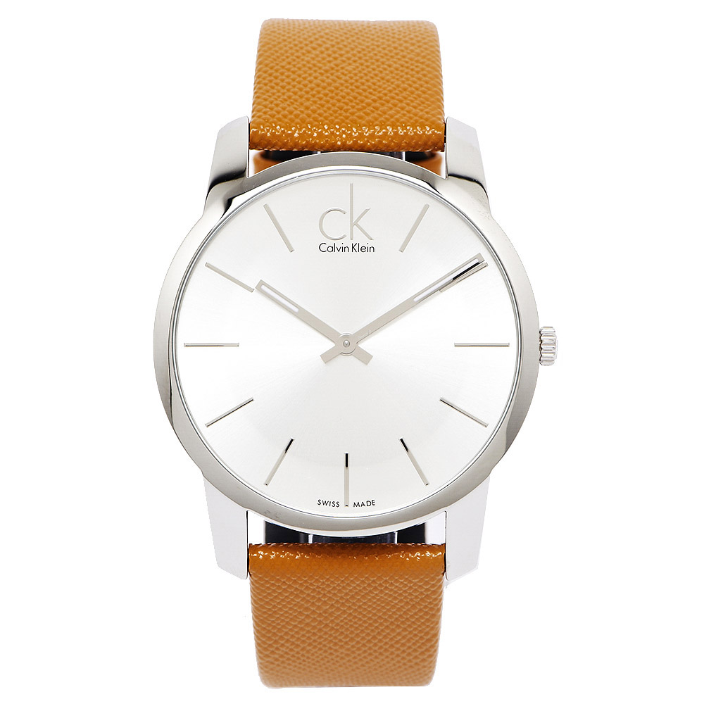 CK 雅痞風澄色皮革手錶(K2G21138)-銀白面/42mm