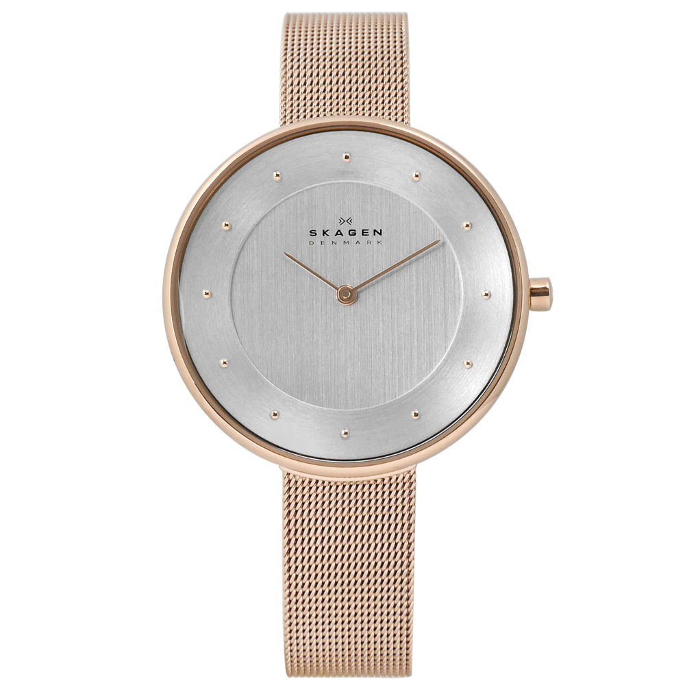 SKAGEN Gitte 優雅大方圓珠刻度米蘭編織不鏽鋼手錶-銀x鍍玫瑰金 /38mm