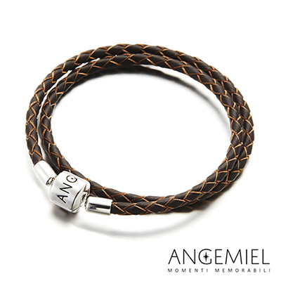 Angemiel安婕米 義大利純銀珠飾 雙圈皮革手環(深褐)