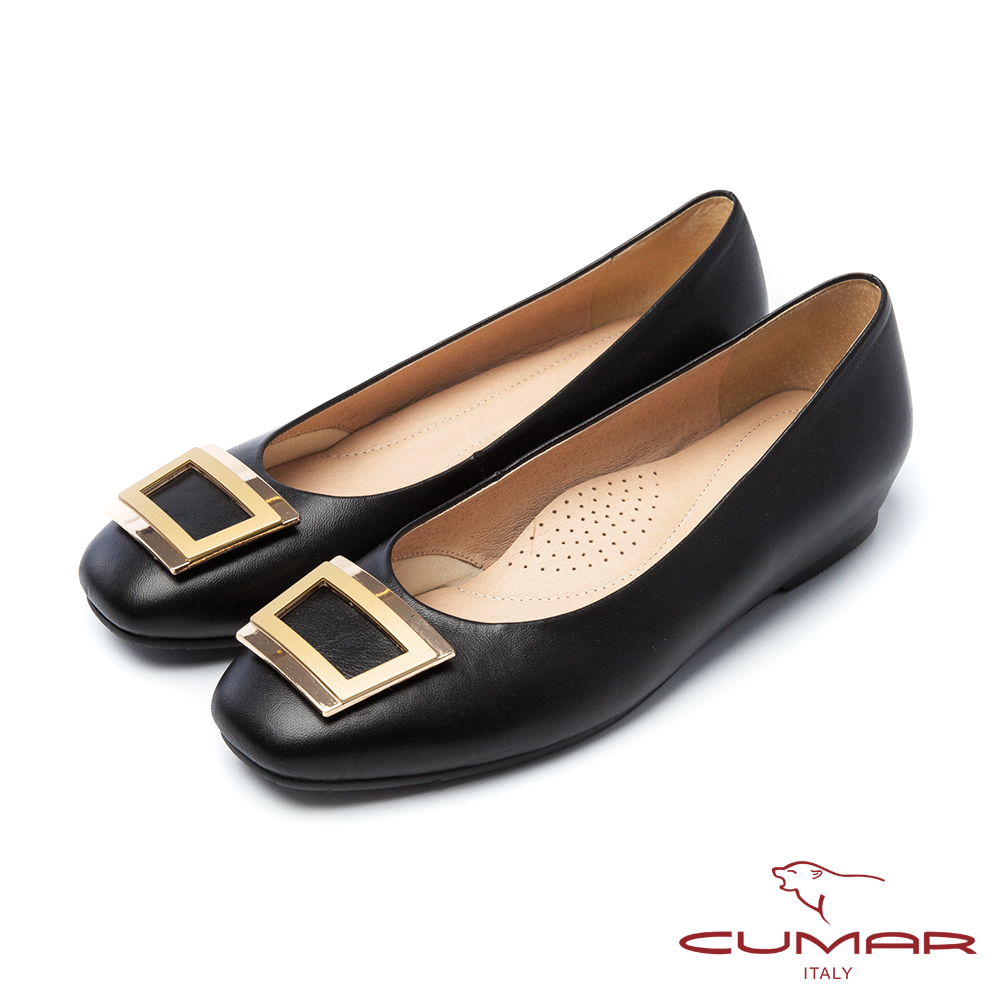 CUMAR法式優雅-金屬方形飾釦小方頭內增高平底鞋-黑