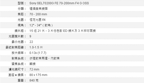 SONY FE 70-200mm F4 G OSS 鏡頭*(平輸中文)