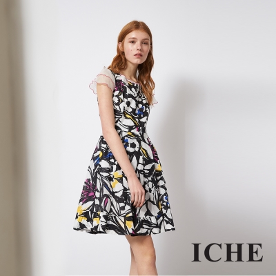 ICHE 衣哲 荷葉袖時尚花卉印花拼接造型禮服洋裝