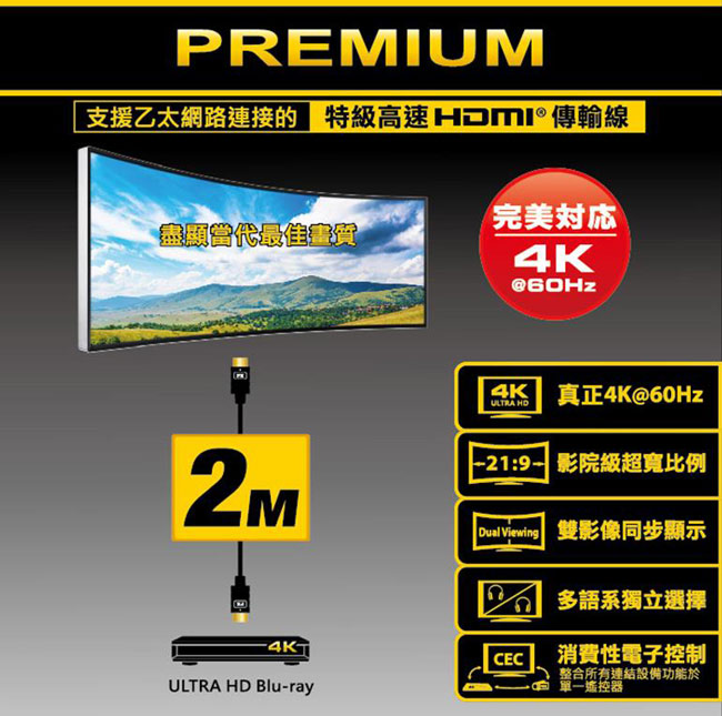 PX大通PREMIUM特級高速HDMI傳輸線(2米) HD2-2MX