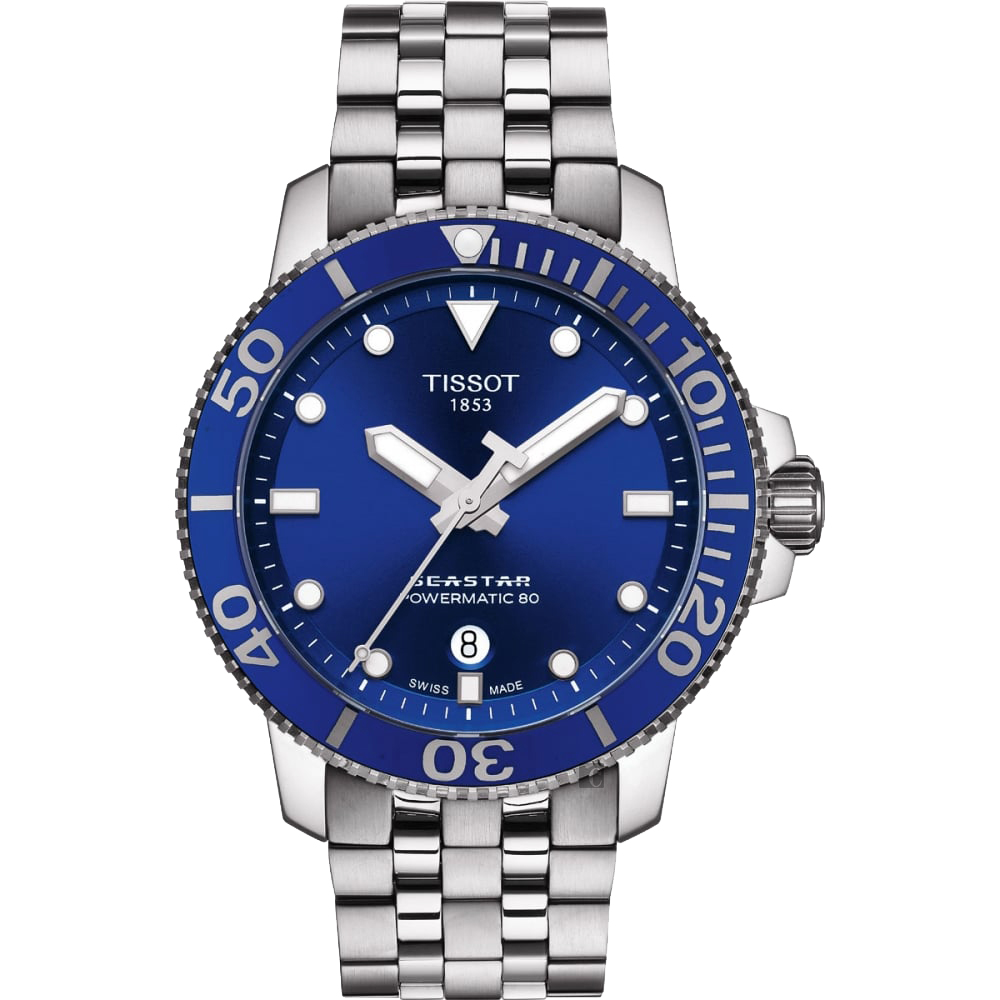 TISSOT 天梭 官方授權 Seastar 1000 海洋之星300米潛水機械錶-藍x銀/43mm T1204071104100