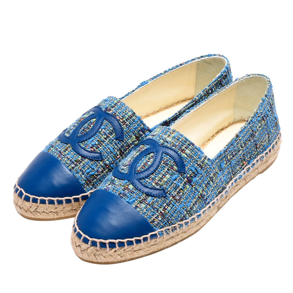 CHANEL 經典Espadrilles羊皮小香LOGO斜紋軟呢厚底鉛筆鞋(藍彩)