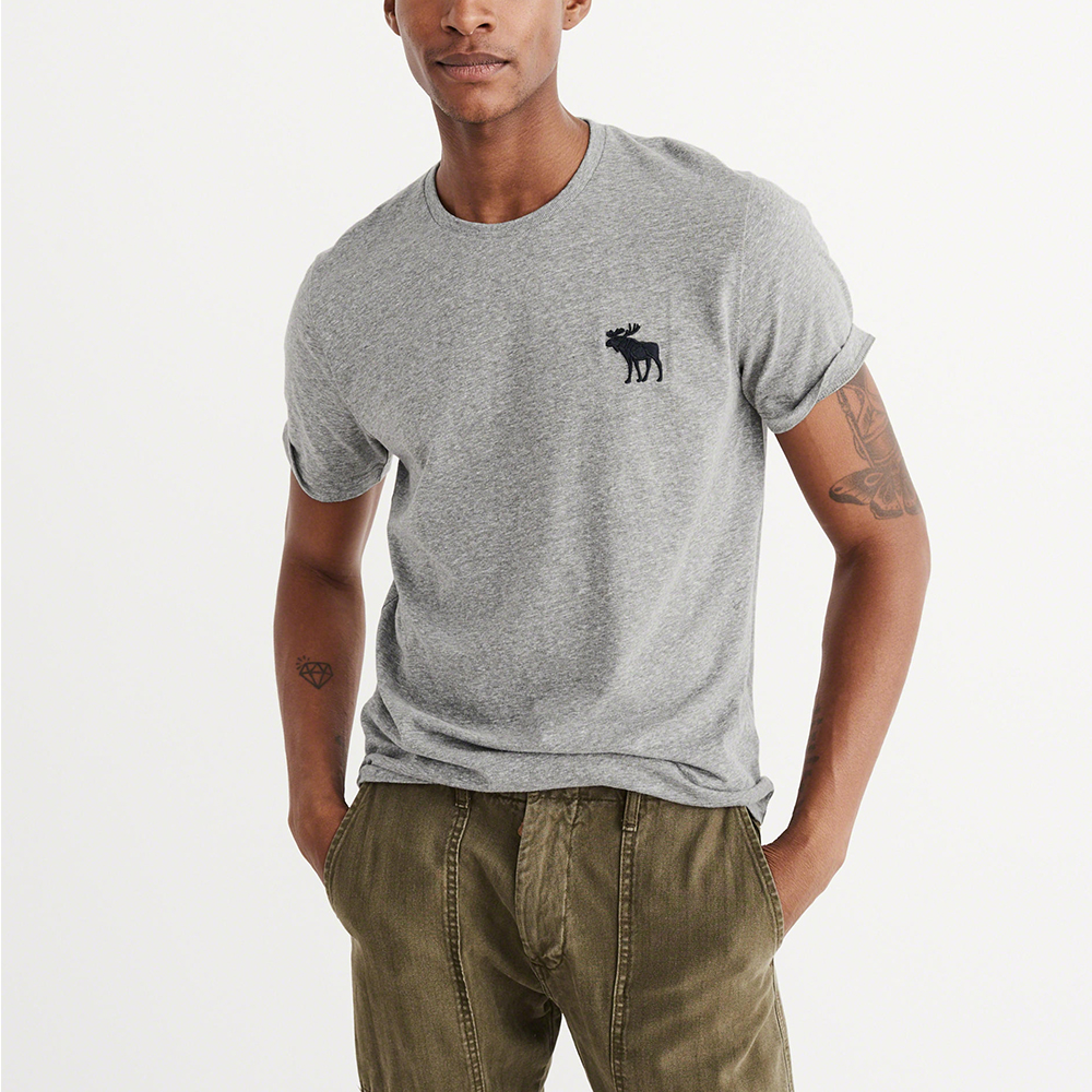 A&F 經典刺繡大麋鹿圓領素色短袖T恤-灰色 AF Abercrombie